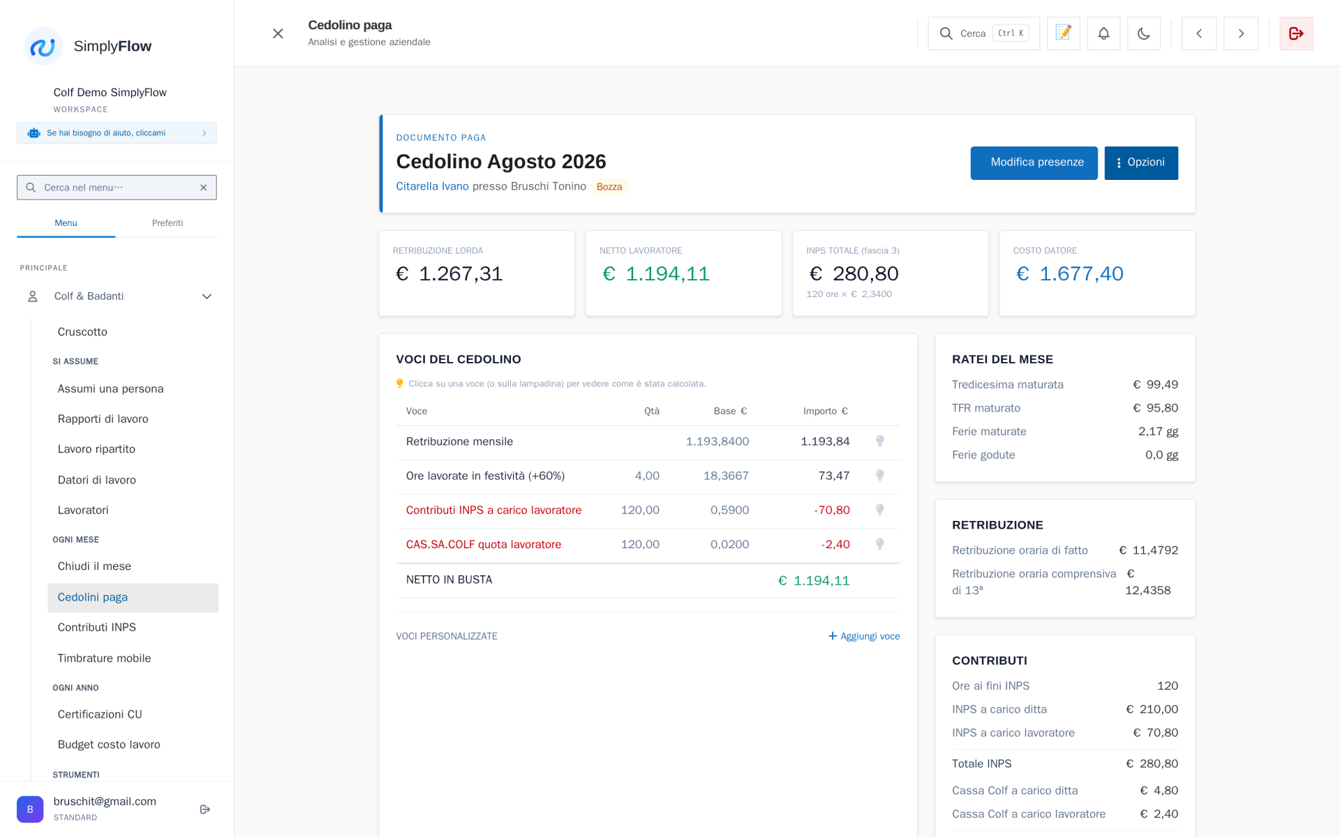 Videata del cedolino mensile in SimplyColf: righe di paga oraria, straordinari, festività, valore di vitto e alloggio, ratei e riepilogo contributivo